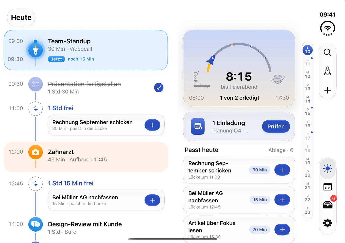 Missn quer auf dem aufgeklappten iPhone Duo: Zeitachse und Cockpit nebeneinander