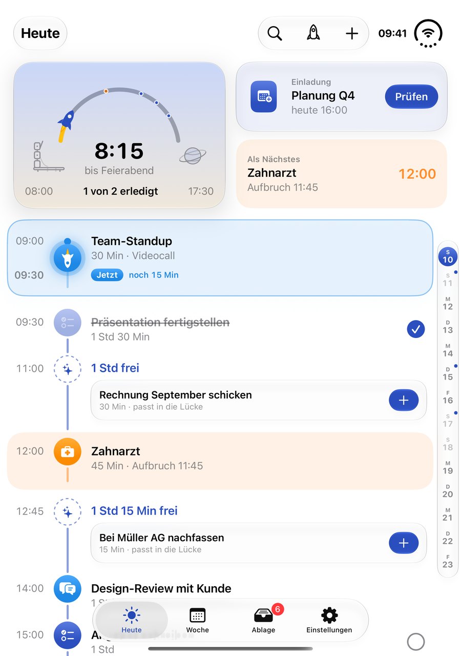Missn auf dem aufgeklappten iPhone Duo: das Cockpit über der Zeitachse