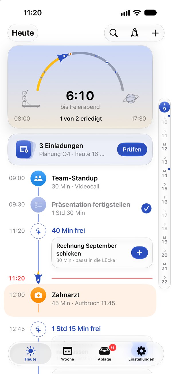 Missn auf dem iPhone: Heute mit der Flugbahn bis Feierabend, Terminen und einer Aufgabe in der freien Lücke