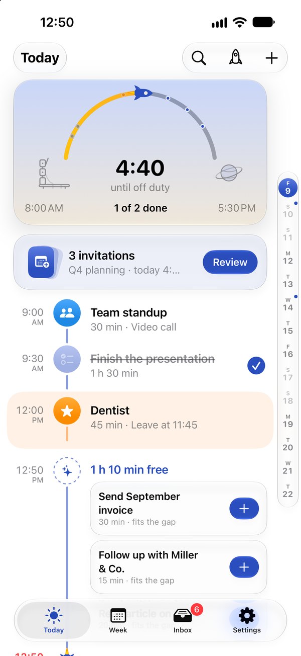 Missn during the day: appointments and tasks on one timeline, private appointments as an orange island