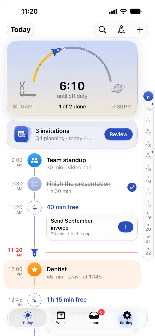 Missn on iPhone: Today with the flight path to the end of work, events and a task in a free gap