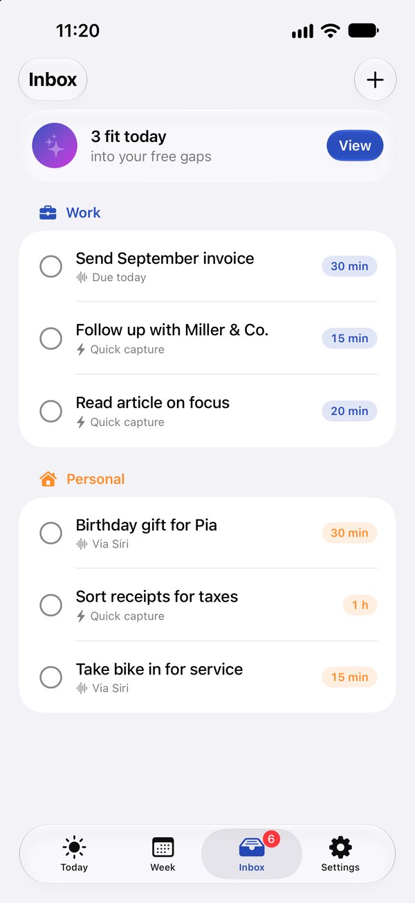 The inbox in Missn: tasks without a fixed time