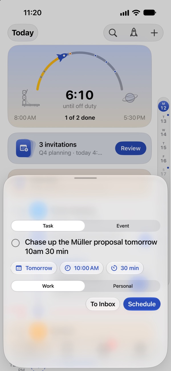 New task in Missn: “Chase up the Müller proposal tomorrow 10am 30 min”, recognised as a task with date, time and duration